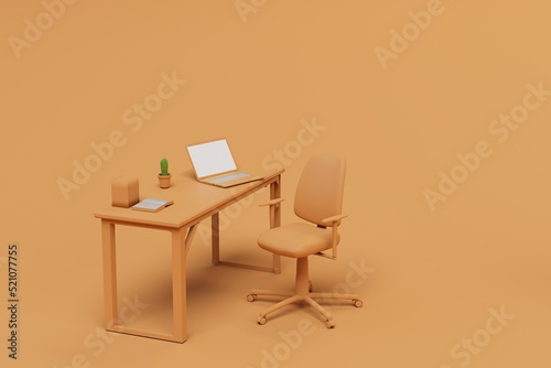 workplace in the office on an orange background. routine work. desk, orange chair. on the table is a laptop and writing utensils. 3d render. 3d illustration