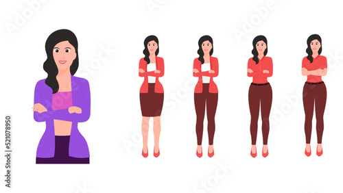 Happy women in folded arm pose, beautiful women arm crossed flat character vector set