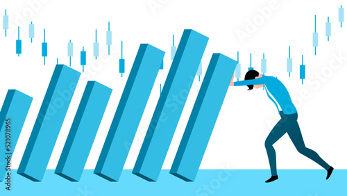 Man trying to push falling graph bar due to market crisis, global recession vector illustration