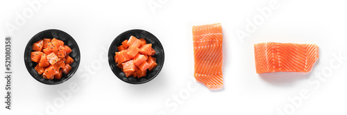 Salmon slices small pieces isolated on white background top view ingredient