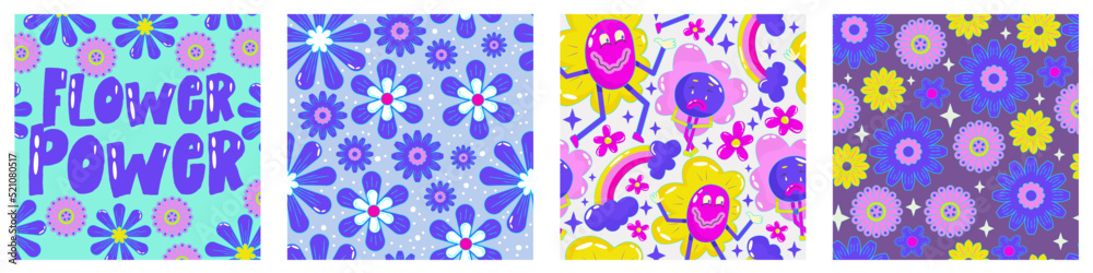 Daisy flower power poster set for print design. Abstract trippy psychedelic pattern. Flower power. Funny vector illustration. Retro 1990 poster for tshirt design Daisy flower power poster set for print design. Abstract trippy psychedelic pattern. Flower power. Funny vector illustration. Retro 1990 poster for tshirt design