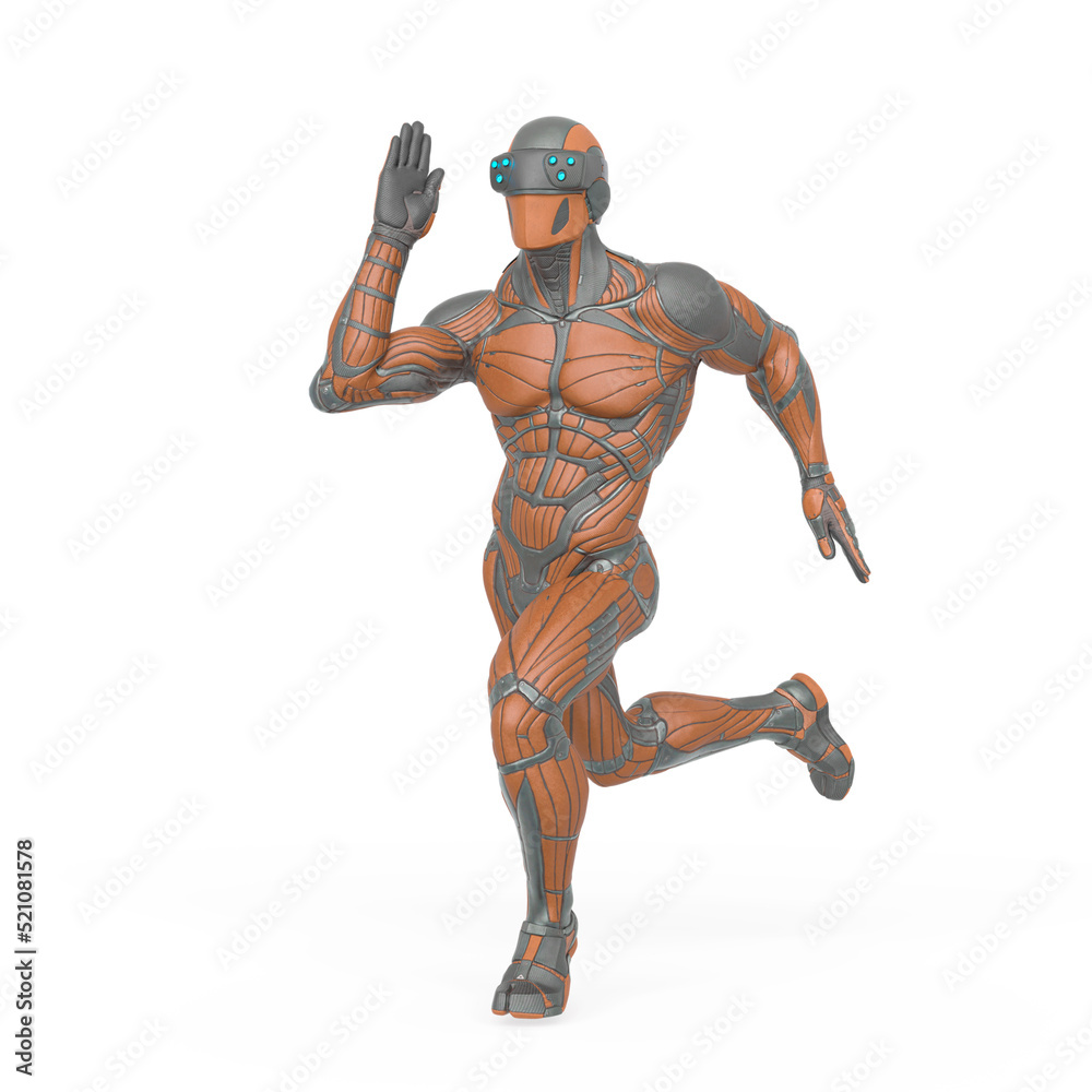 super hero in a exosuit is running in action super hero in a exosuit is running in action