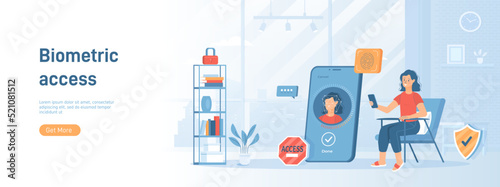 Biometric access control, personal verification. Identification with fingerprint matching, face recognition.Flat concept great for social media promotional material. Website banner on white background