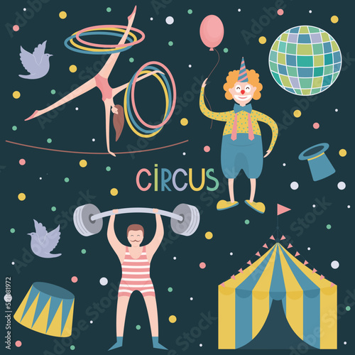 clown, gymnast on the rope, weightlifter and circus attributes on dark background