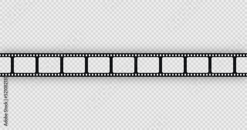 Seamless cinematic frame. Vintage video border. Old photo roll on transparent background. Retro camera reel with slide. Close-up cinema seamless strip. Vector illustration.