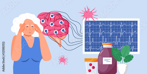 Alzheimer old woman, neurology health care, Parkinson or dementia metaphor are shown.