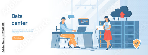 Data center. Hosting provider, data storage, cloud technologies. Server racks, datacenter. Flat concept great for social media promotional material. Website banner on white background.
