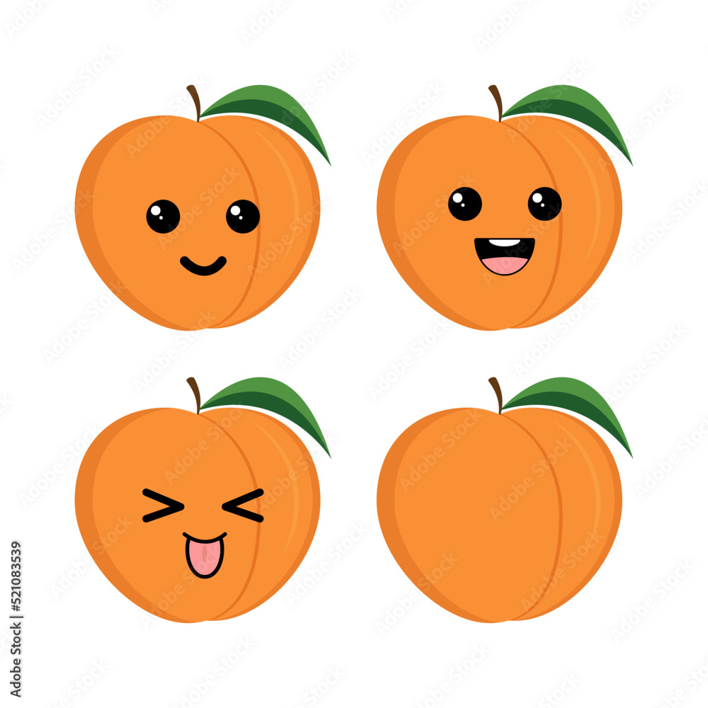 Obraz premium Juicy peach with kawaii eyes. Flat design vector illustration of red apple isolated on white background.