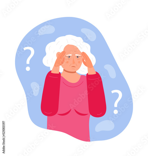 Alzheimer old woman, neurology health care, Parkinson or dementia metaphor are shown.