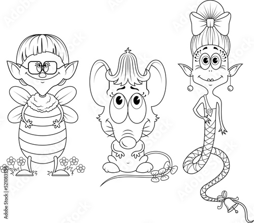 Trio. Friends. Outline drawing of a mouse snake and a bee. Three Cartoon Characters. Coloring.