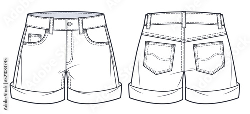 Short Pants technical fashion illustration. Denim style Сlassic Shorts fashion flat sketch template, front, back view, white, women, men, unisex CAD mockup.