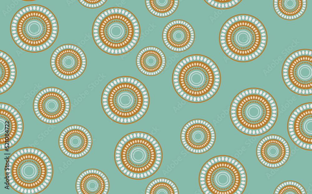 Fototapeta premium Seamless pattern with geometric aboriginal ornament. Ethnic tribal rounded color background. Afican, australian motiph. Dots painting. Vector illustration, template design for cloth, card, fabric