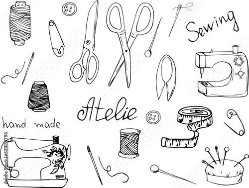 Hand drawn set of sewing elements. Studio. Tailoring. Sewing machine. Sewing doodle. Clothing workshop. Logotype for a seamstress. Hobby. Making clothes. Elements of tailoring.