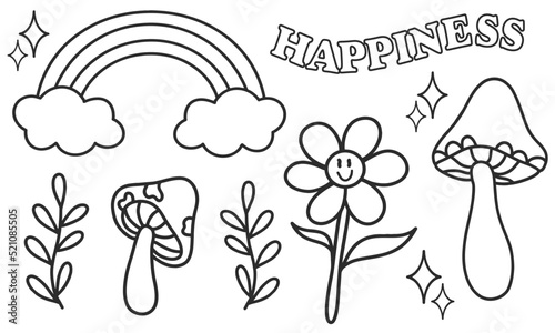 Rainbow, daisy with a face, mushrooms, plants and inscriptions. Black and white vector illustration for coloring.