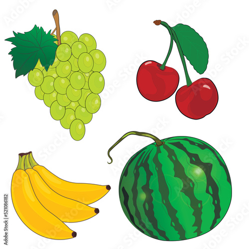 Fruits and berries drawn icons vector set. Colorful fruit illustration for farm product design, vegetarian shop market label. Banana, watermelon, grapes, cherries.	