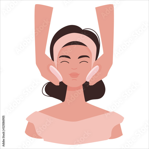Cute girl at beauty spa salon has professional treatment face skin. Cleansing and applying toner are first important steps for skin care procedures. Vector illustration isolated on white background.