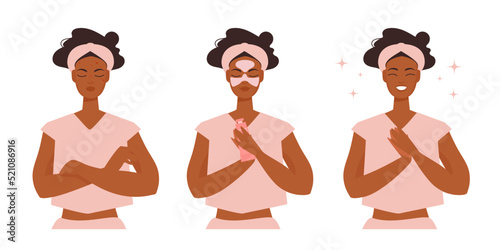 Steps on cute girl taking anti acne care of her skin. Beauty routine includes cosmetic mask to get healthy glowing skin. Vector illustration isolated on white background. 