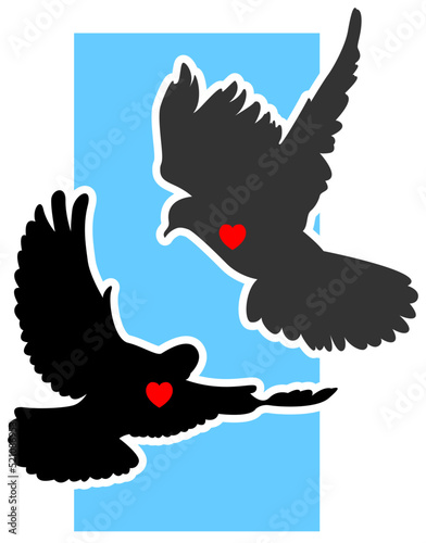 Sticker. St. Day Valentine. A couple of pigeons. Silhouettes of birds on the background. Doves with hearts.