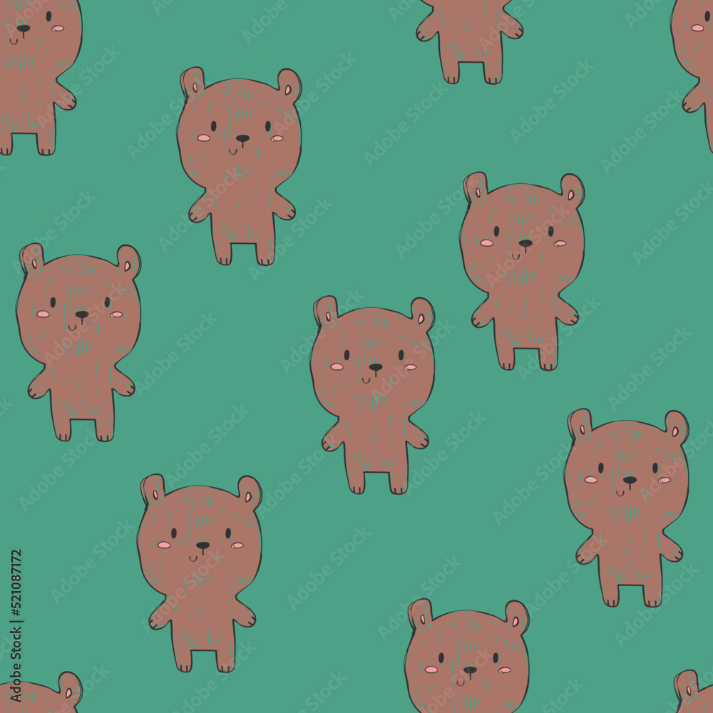Seamless pattern of bears in bright green background. Hand-draw pattern in vintage doodle style. For example the pattern for baby clothes or for wrapping paper. 