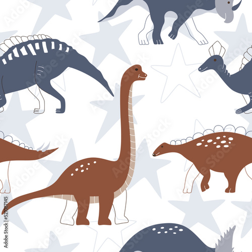Cute baby dinosaurs in blue stars. Vector seamless pattern with playful animals for wallpaper  fabric  or birthday cards.