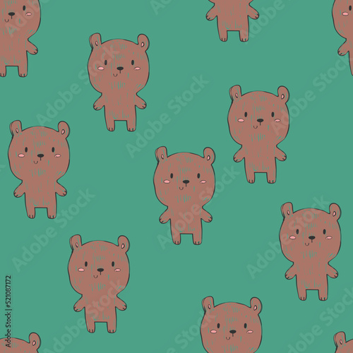 Seamless pattern of bears in bright green background. Hand-draw pattern in vintage doodle style. For example the pattern for baby clothes or for wrapping paper. 