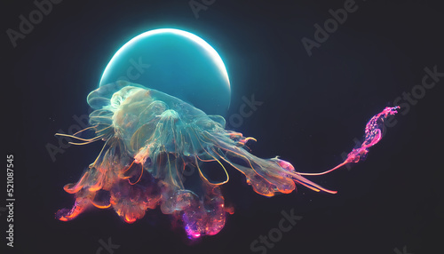 Fotografie, Obraz Neon jellyfish in the sea deep blue water
