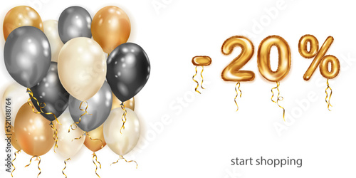 Discount creative illustration with white, black and gold helium flying balloons and golden foil numbers. 20 percent off. Sale poster with special offer on white background