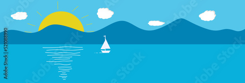 Sailboat at sea. Sun, clouds, mountains. Illustration for advertising, travel, tourism, cruises, travel agency. Vector illustration