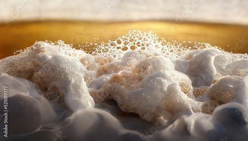 Realistic beer splashes close-up. Texture of white soap foam with bubbles. 3D artwork photo