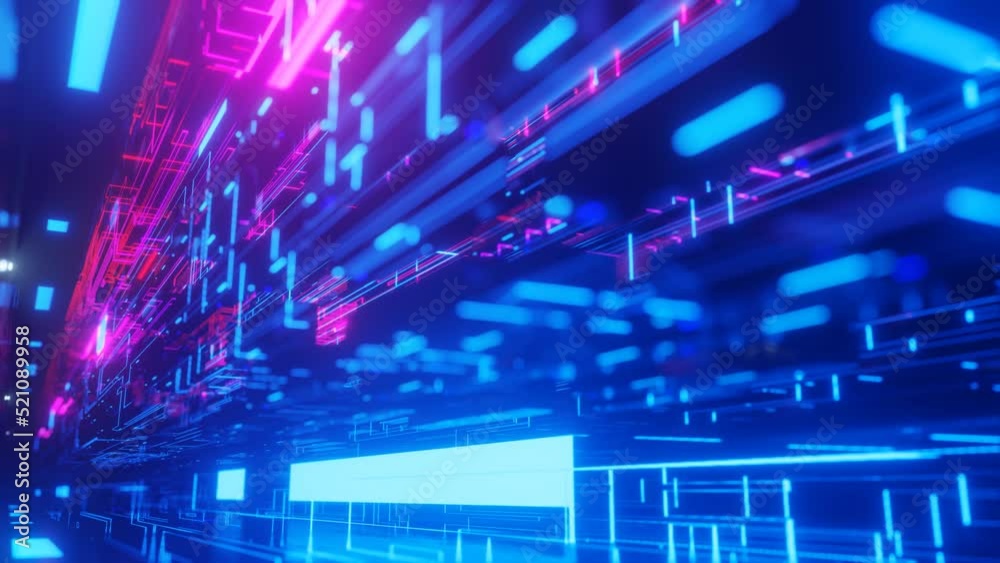 pattern like sci-fi hologram. Fly through technology cyberspace with neon glow. Sci-fi flight through hi-tech technology tunnel. Glow line. 3d looped seamless 4k bright bg. Data flow. Blocks