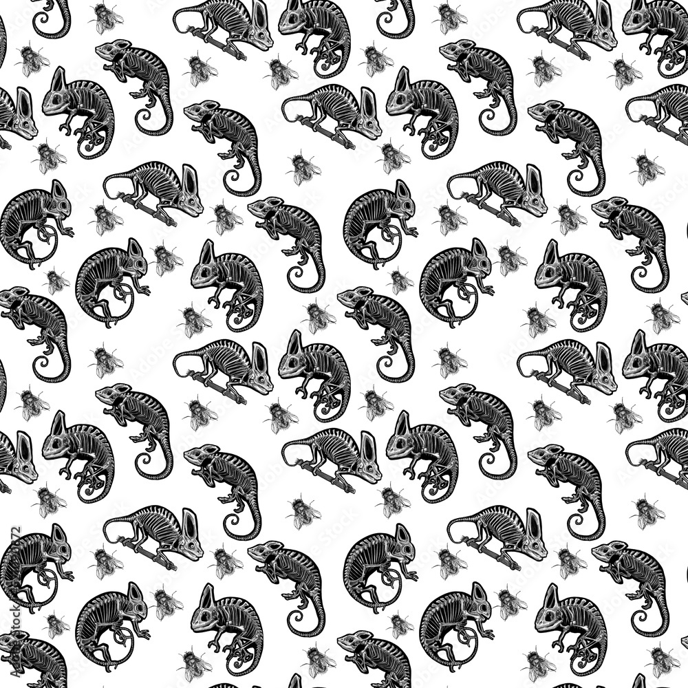 Pattern Chameleons skeletons graphic, black and white