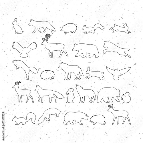 Forest animals. Silhouettes, stickers. Outline of wild forest animals. Bear, owl, hedgehog, deer, wolf, fox, squirrel, hare