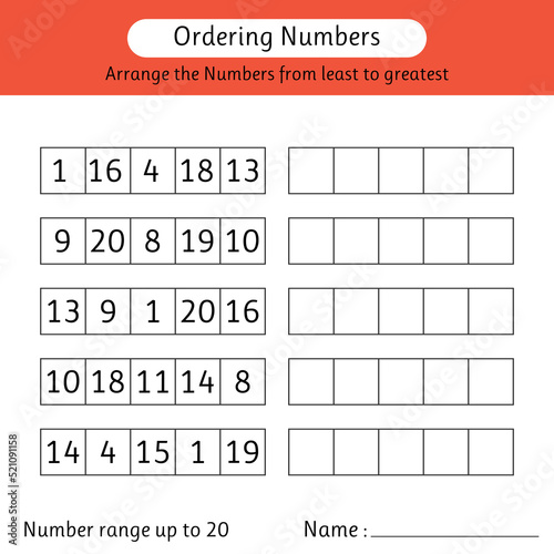 Ordering numbers worksheet. Arrange the numbers from least to greatest. Number range up to 20. Mathematics