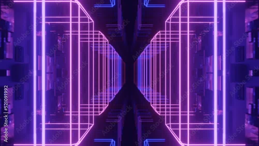 Glow sci fi symmetrical construction. Vj loop trendy neon tunnel. hi tech neon tunel. Sci-fi flight through cyberspace with symmetry. Video game or vj night club background with neon light.