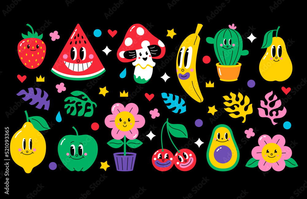 Set of funny cartoon characters in retro comic style - strawberry, watermelon, fly agaric, banana, cactus, pear, lemon, apple, flower, cherries, avocado and different elements. Vector illustration. Set of funny cartoon characters in retro comic style - strawberry, watermelon, fly agaric, banana, cactus, pear, lemon, apple, flower, cherries, avocado and different elements. Vector illustration.