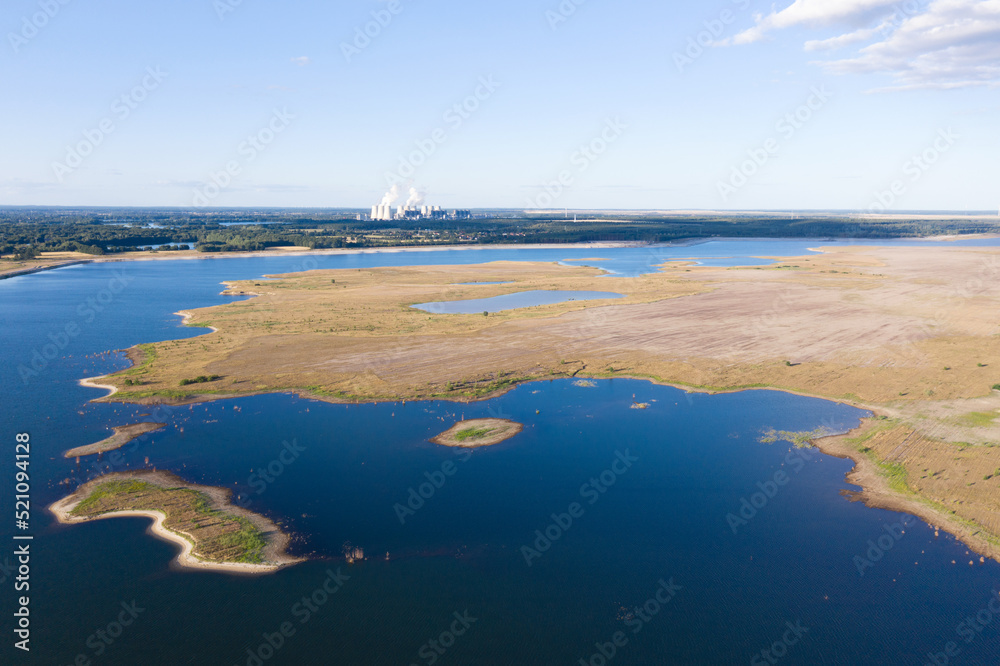 demolition mining region, coal-fired power plant, wind farm, aerial view, drone, Lake, Baltic Sea, Lakoma, Cottbus, Germany 