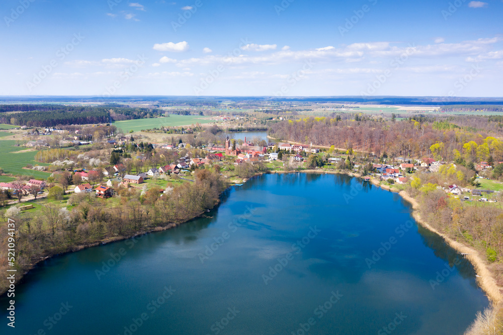 Aerial view of a lakeside village in Poland, Garbicz, Europe