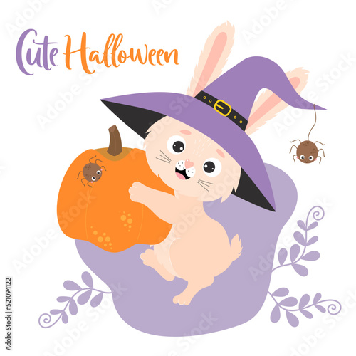 Poster cute Halloween. Funny rabbit in witchs hat with spider carries large pumpkin. Vector illustration. Festive Halloween bunny character for design, print, greeting cards, decor, kids collection.