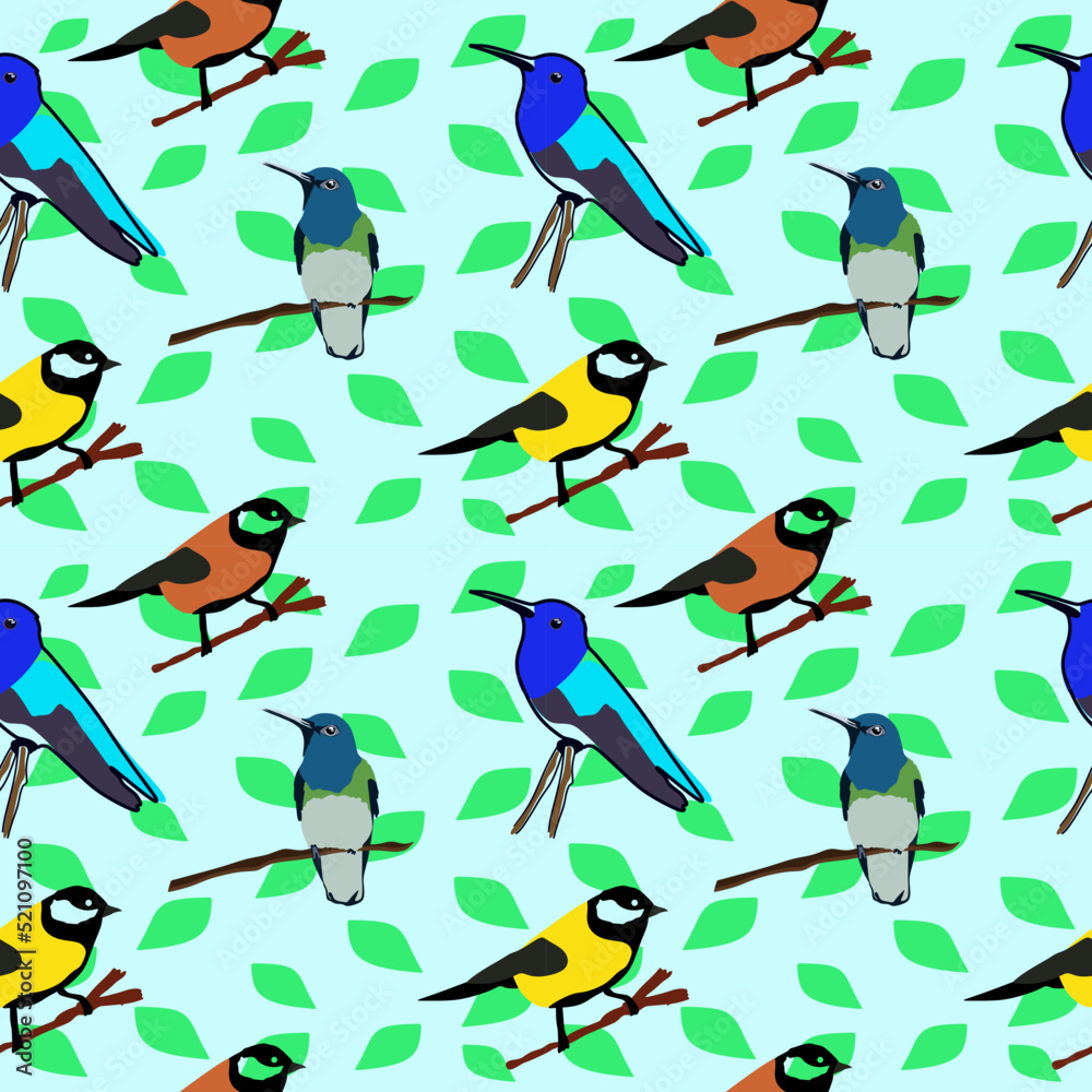 Seamless texture of different birds. Birds and leaves vector background template Seamless texture of different birds. Birds and leaves vector background template