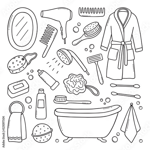 Hand drawn set of Bathroom doodle. Towel, bathrobe, shower, bathtub, mirror in sketch style. Vector illustration isolated on white background.