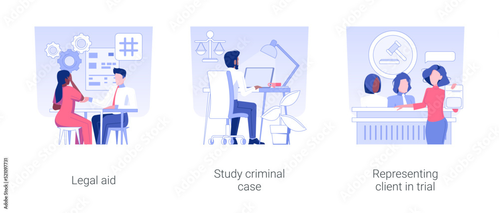 Criminal lawyer isolated concept vector illustration set. Legal aid, study criminal case, representing client in trial, presumption of innocence, evidence in court vector cartoon.