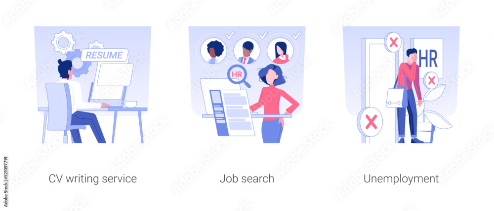 Headhunting agency isolated concept vector illustration set. CV writing service, job search, unemployment and finding a job, HR management, human resources and recruiting idea vector cartoon. Headhunting agency isolated concept vector illustration set. CV writing service, job search, unemployment and finding a job, HR management, human resources and recruiting idea vector cartoon.