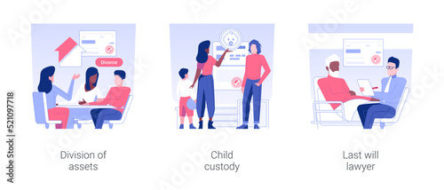 Lawyer services isolated concept vector illustration set. Division of assets and property, child custody, last will lawyer, divorce and family law, legal service, alimony conditions vector cartoon.