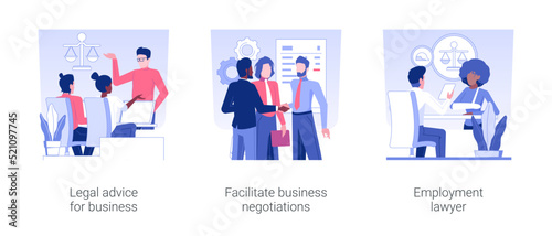 Commercial law isolated concept vector illustration set. Legal advice for business, facilitate business negotiations, employment lawyer service, banking and finance company vector cartoon.