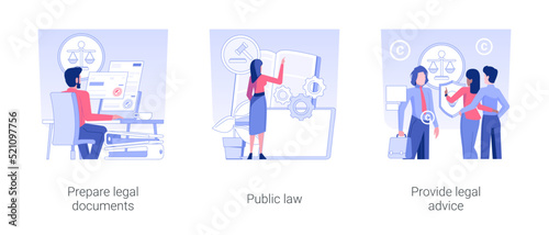 Law firm service isolated concept vector illustration set. Prepare legal documents, public law, provide legal advice, contract and patent application, rights protection vector cartoon.