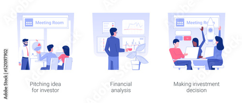 Venture funding isolated concept vector illustration set. Pitching idea for investor, financial analysis, making investment decision, financial program, raising money vector cartoon.