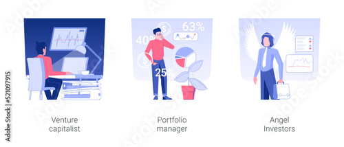 Startup funding isolated concept vector illustration set. Venture capitalist, portfolio manager, angel Investors, raising money, personalized investment strategy, entrepreneur vector cartoon.