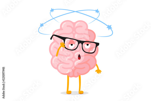 Cartoon sick human brain fainted dizzy. Central nervous system mascot with glasses dizziness. Human mind organ character feeling unwell and headache. Vector eps illustration