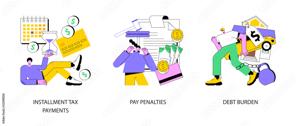 Financial responsibility abstract concept vector illustration set. Installment tax payments, pay penalties, debt burden, student loan forbearance, monthly credit payment, deadline abstract metaphor.