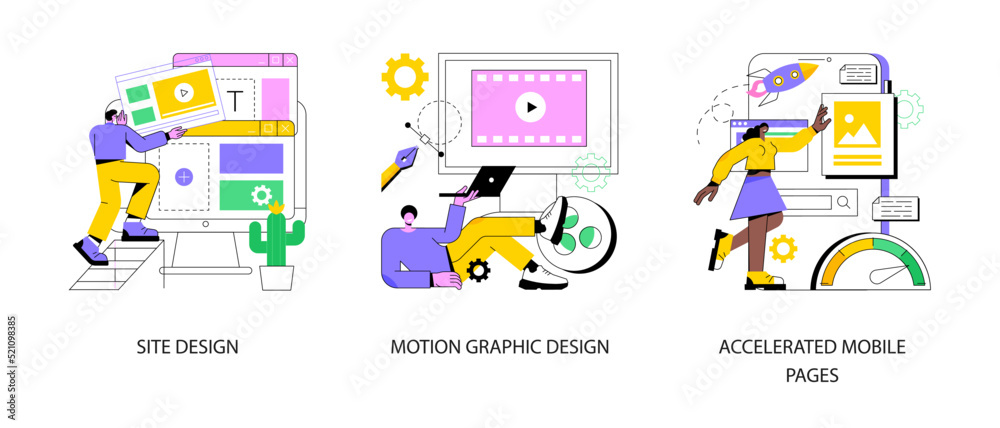 Web development company abstract concept vector illustration set. Website and motion graphic design, accelerated mobile pages, business landing page, web page responsive design abstract metaphor.
